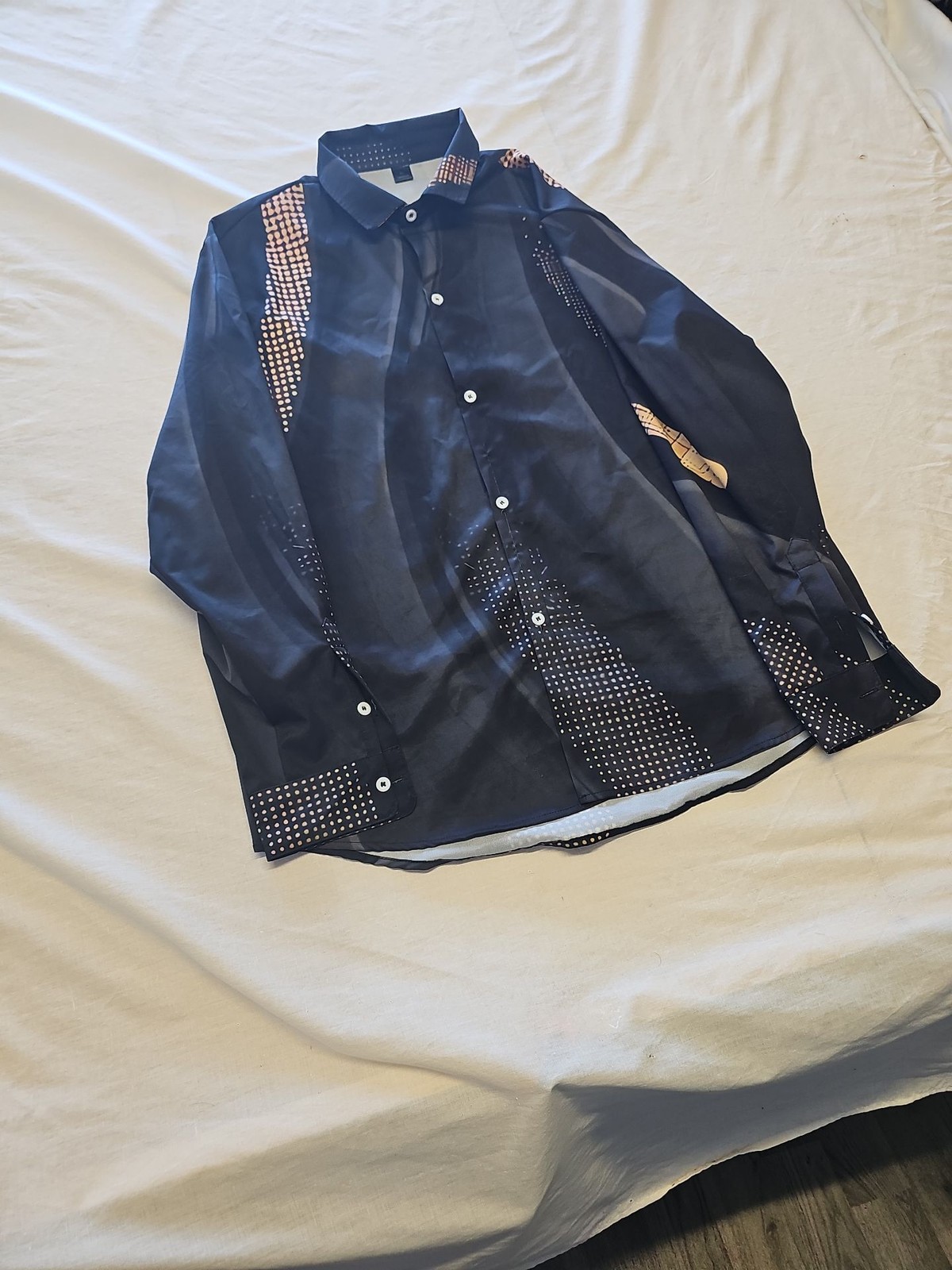 Men's Black Graphic Geometric Print Long Sleeve Button-Up Shirt XL Y890 - Image 3