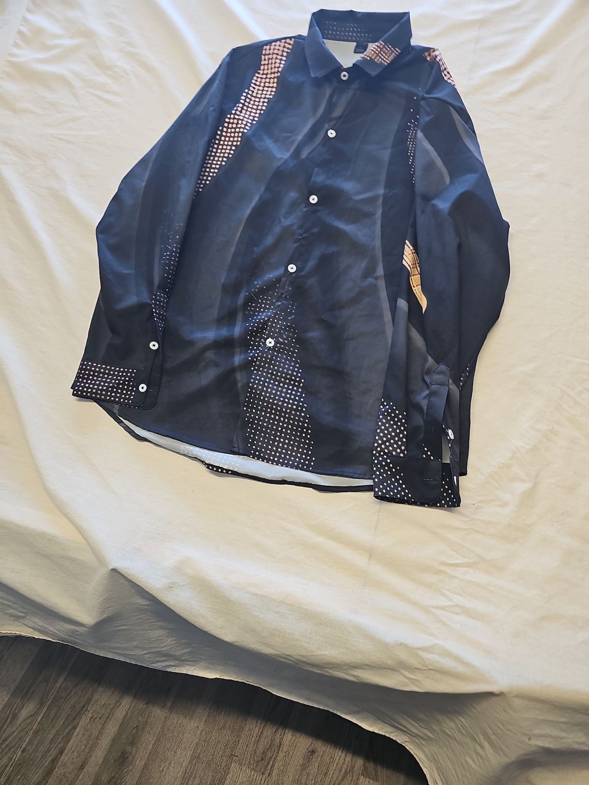 Men's Black Graphic Geometric Print Long Sleeve Button-Up Shirt XL Y890 - Image 4