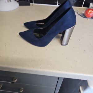 L&L Navy Blue Suede Pointed Toe Pumps with Metallic Block Heel EU38 972