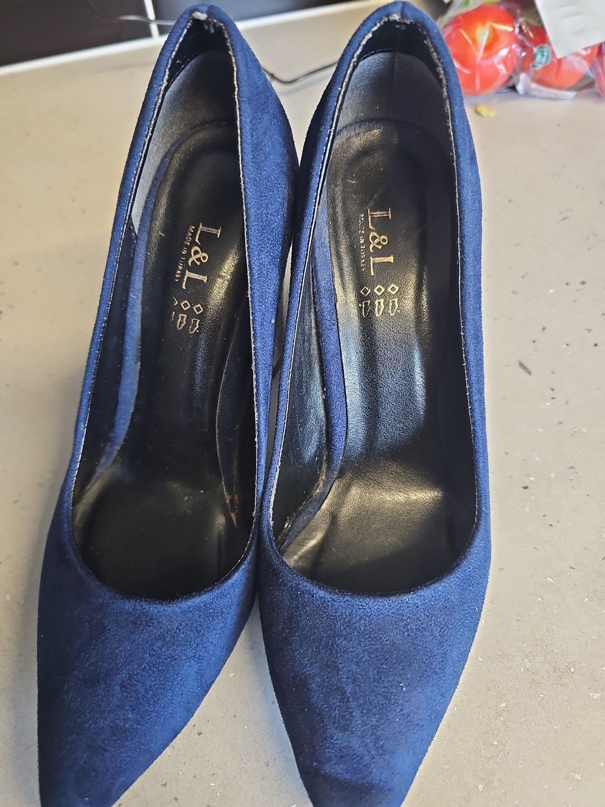 L&L Navy Blue Suede Pointed Toe Pumps with Metallic Block Heel EU38 972