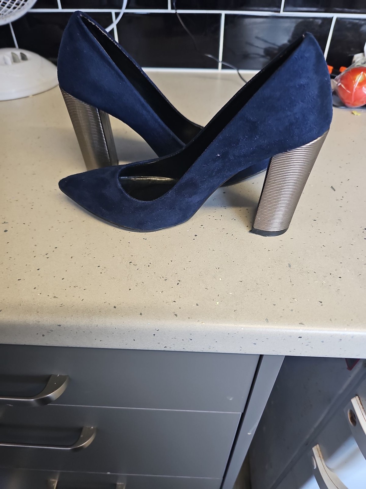 L&L Navy Blue Suede Pointed Toe Pumps with Metallic Block Heel EU38 972 - Image 5