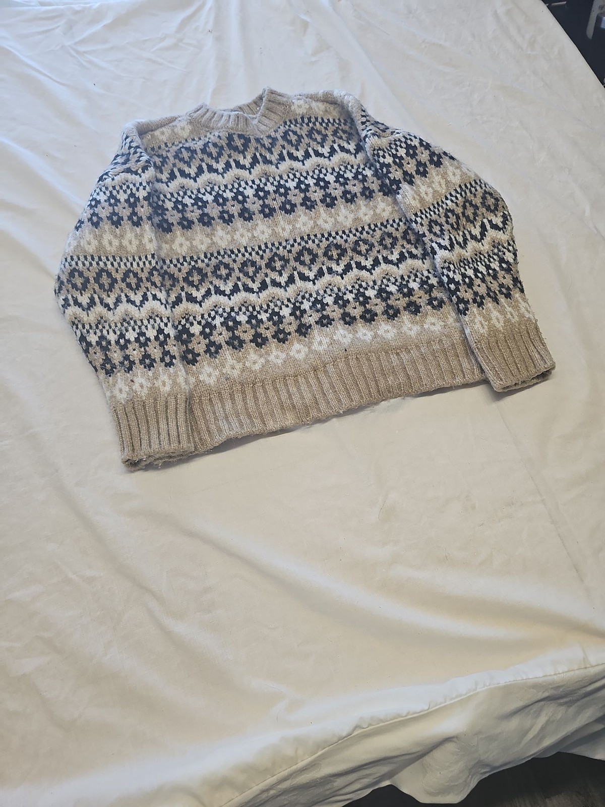 M&S Collection Fair Isle Knit Jumper in Beige and Navy s MM1003 - Image 3