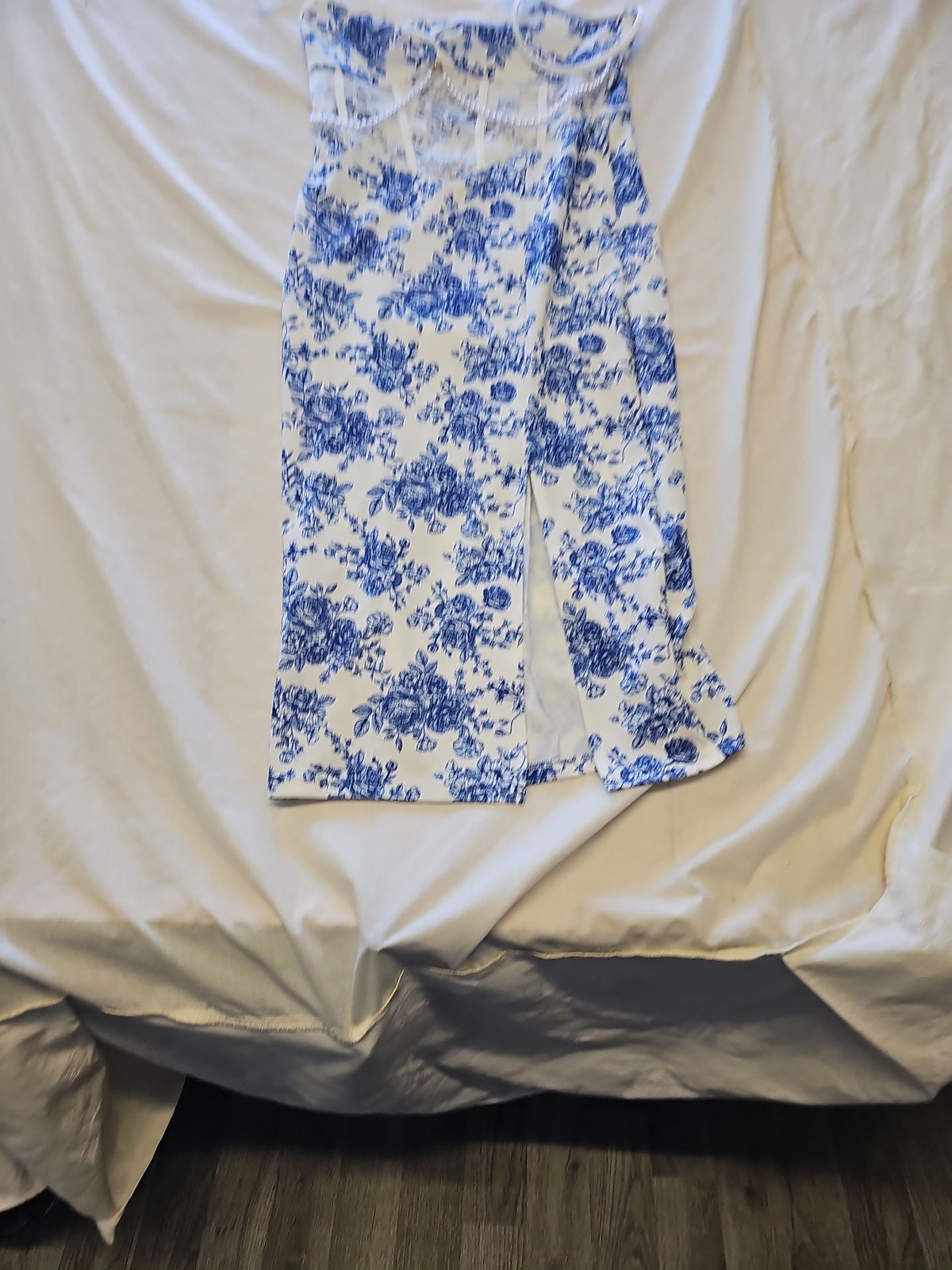 SHEIN MOD Blue Toile Floral Print Midi Dress with Slit size 8/10 KK206