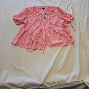 Boohoo Red Gingham Puff Sleeve Tie-Front Smock Top uk8 KK188