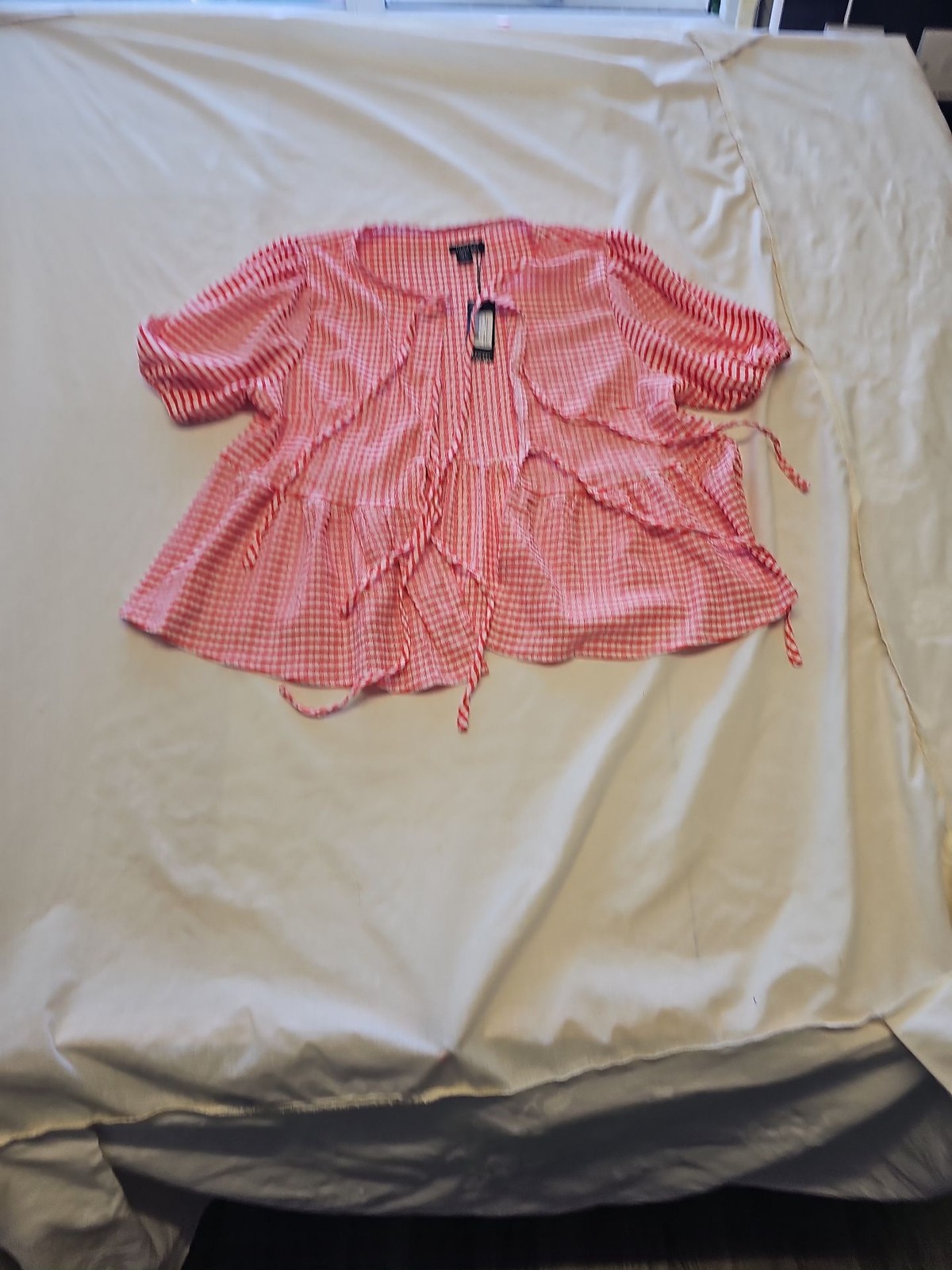 Boohoo Red Gingham Puff Sleeve Tie-Front Smock Top uk8 KK188