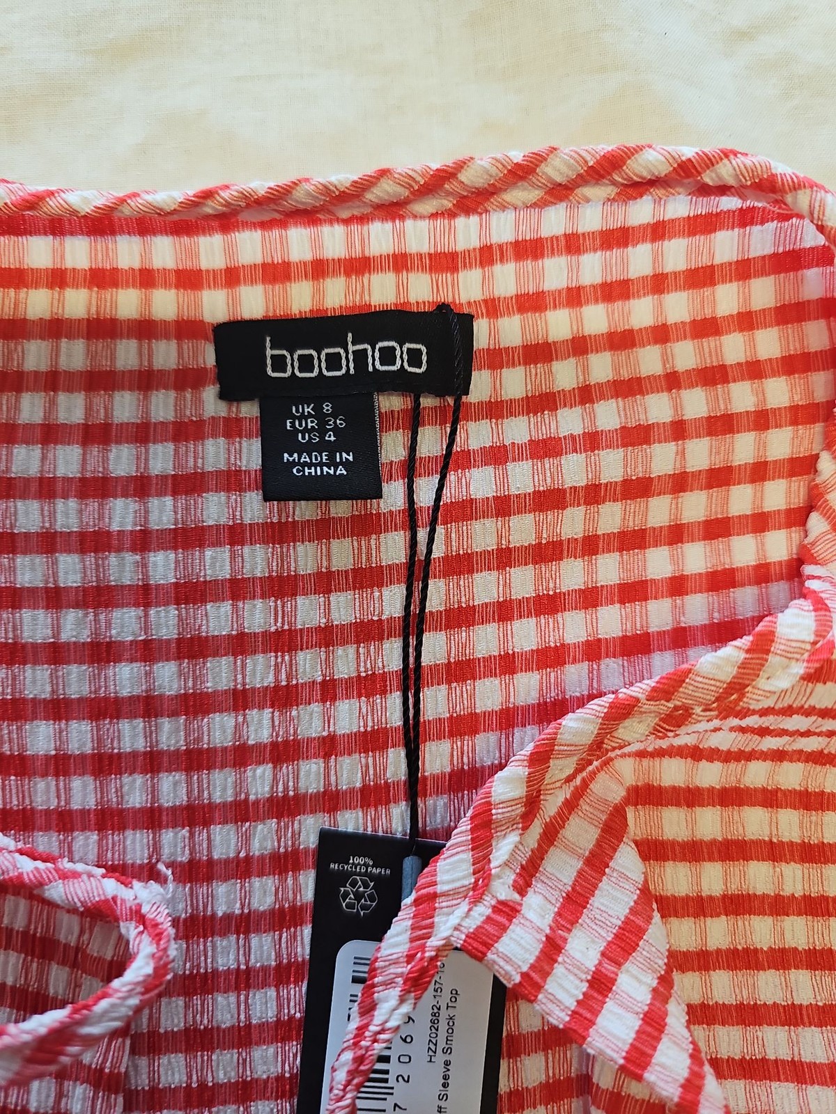 Boohoo Red Gingham Puff Sleeve Tie-Front Smock Top uk8 KK188