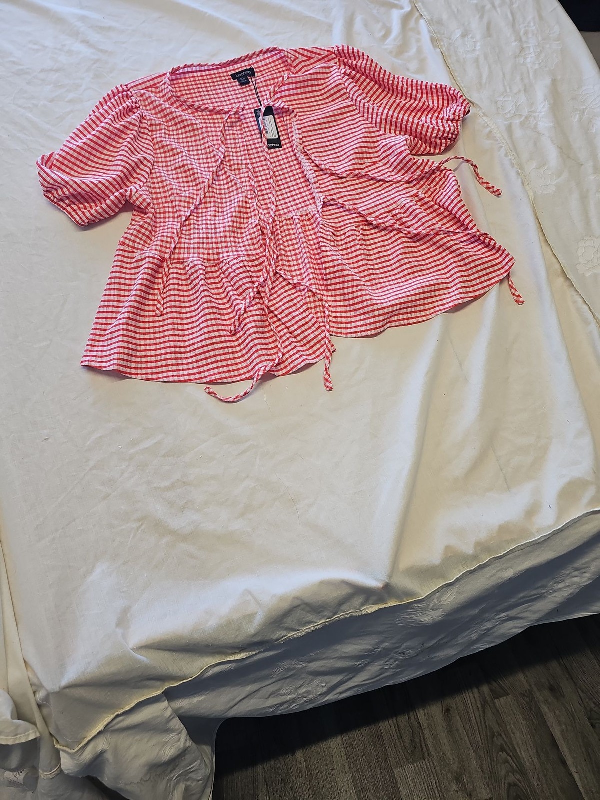 Boohoo Red Gingham Puff Sleeve Tie-Front Smock Top uk8 KK188 - Image 3