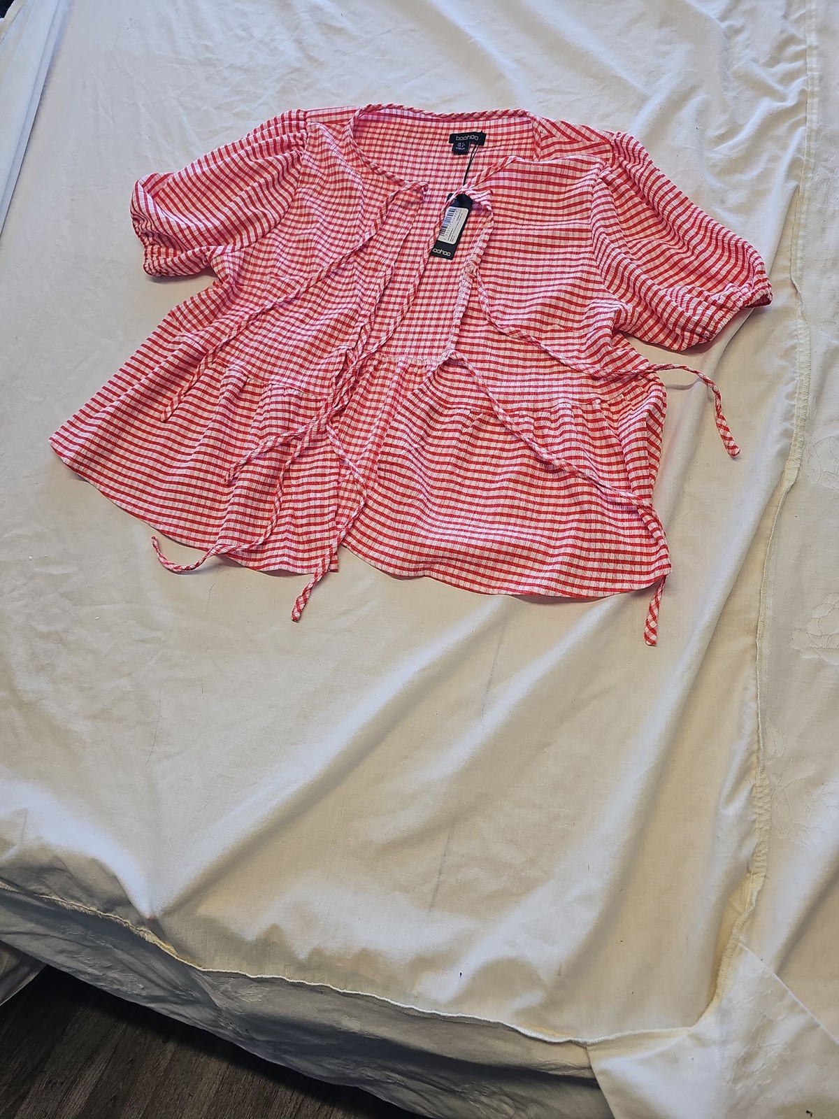 Boohoo Red Gingham Puff Sleeve Tie-Front Smock Top uk8 KK188 - Image 4