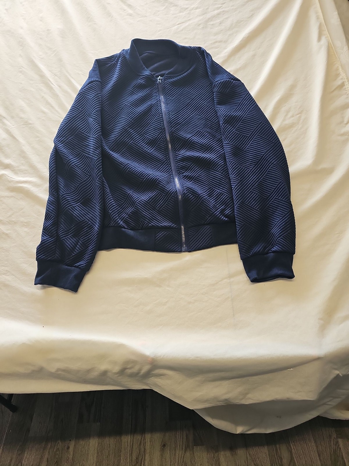 Textured Navy Blue Quilted Bomber Jacket approx Medium O724