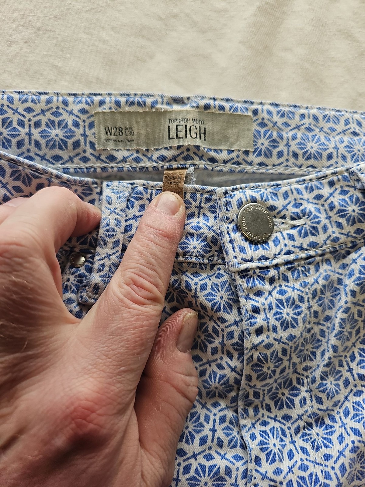 Topshop Moto Leigh Skinny Jeans Blue Geometric Pattern W28 L30 Q783