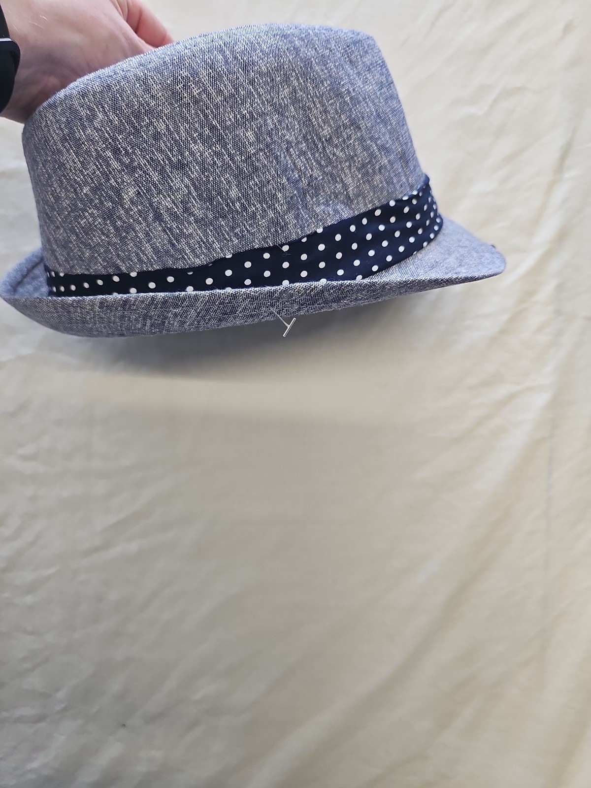 Vintage Style Denim-Effect Fedora Hat with Polka Dot Band 833