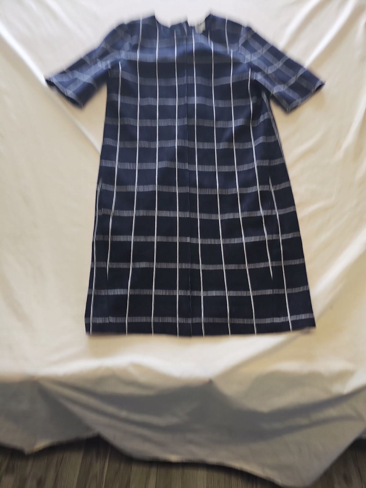 Jigsaw Navy Blue Wool Blend Grid Print Shift Dress Xs U840