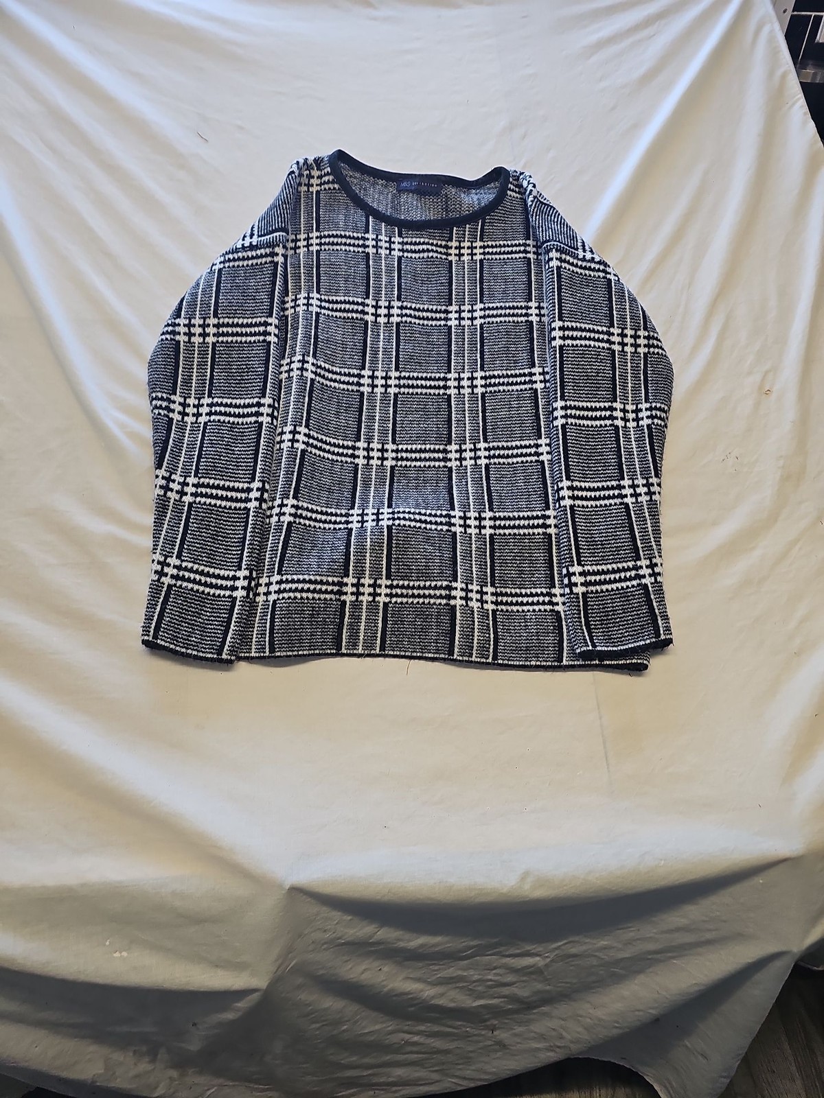 M&S Collection Monochrome Check Knit Jumper with Faux Leather Trim Uk14 X876