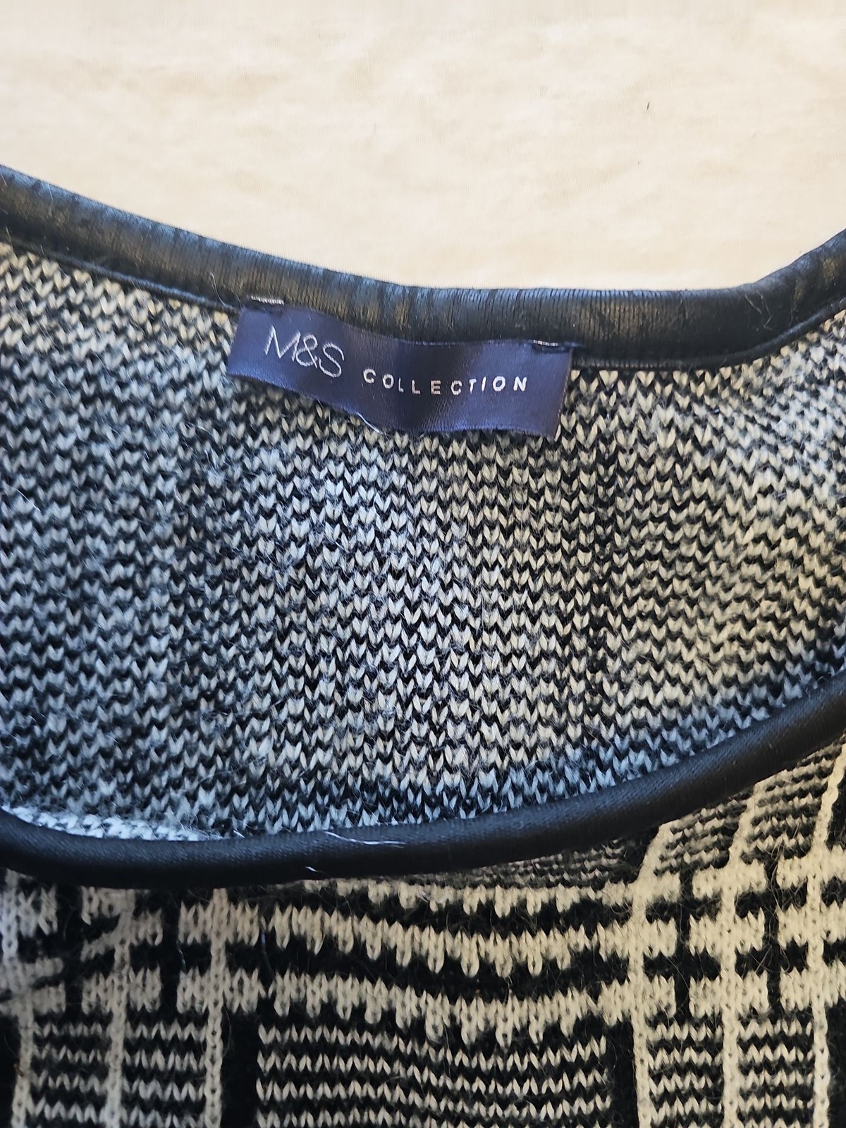 M&S Collection Monochrome Check Knit Jumper with Faux Leather Trim Uk14 X876