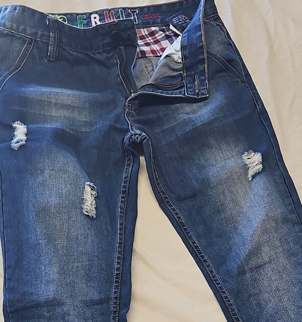 Fruit Jeans Distressed Slim Fit Blue Denim with Plaid Lining Accent W/L32 TT1104 - Image 11