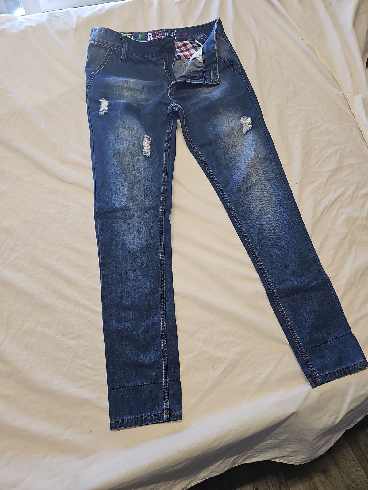 Fruit Jeans Distressed Slim Fit Blue Denim with Plaid Lining Accent W/L32 TT1104 - Image 3