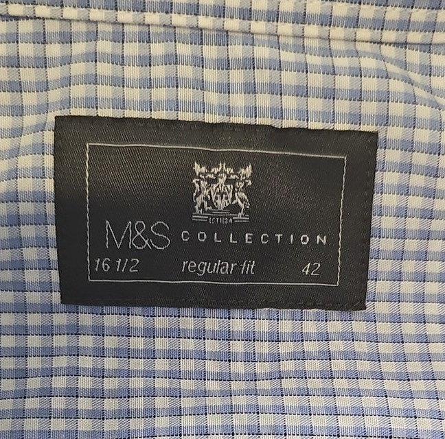 M&S Collection Men's Blue Gingham Regular Fit Long Sleeve Shirt 16.5 XX115 - Image 9