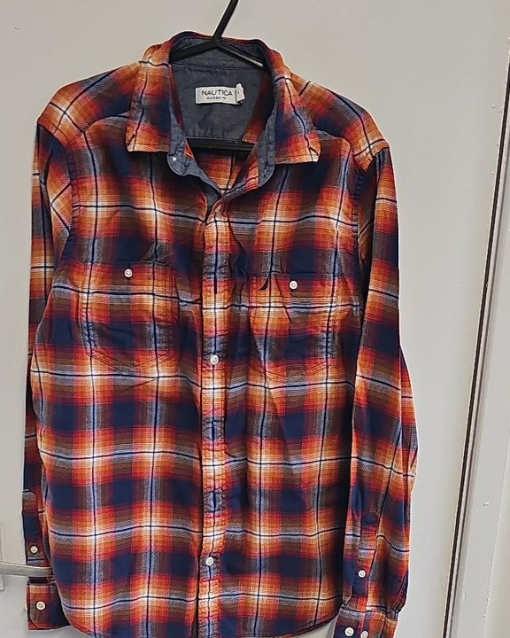 Nautica Classic Fit Orange & Navy Plaid Flannel Shirt - Size S A2 1216 - Image 7