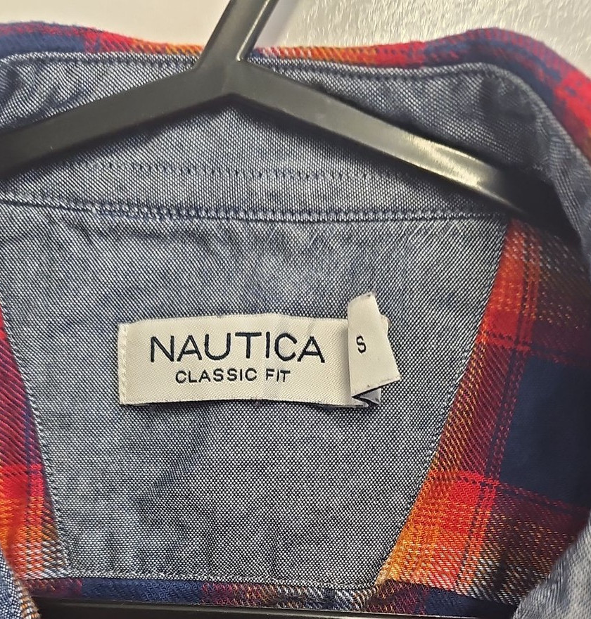 Nautica Classic Fit Orange & Navy Plaid Flannel Shirt - Size S A2 1216 - Image 9