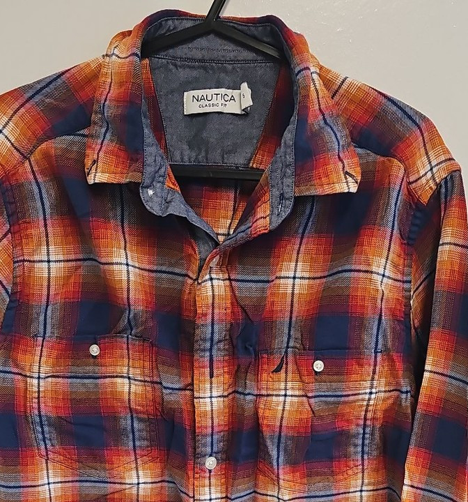 Nautica Classic Fit Orange & Navy Plaid Flannel Shirt - Size S A2 1216 - Image 11