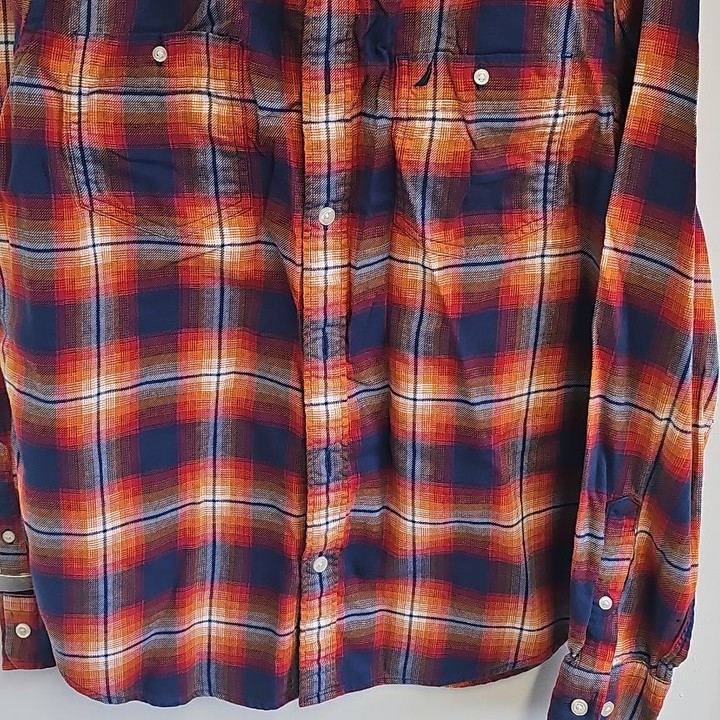Nautica Classic Fit Orange & Navy Plaid Flannel Shirt - Size S A2 1216 - Image 12