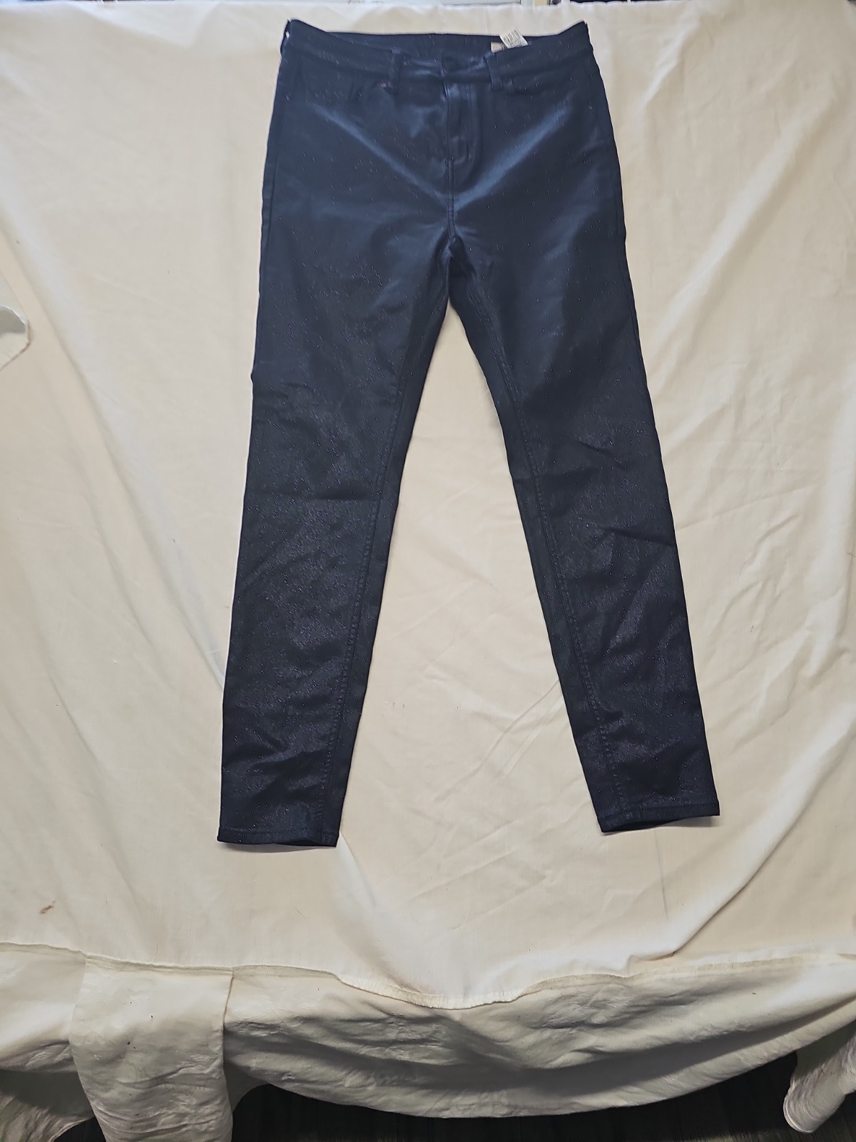 M&S The Ivy Skinny Metallic Navy Blue Coated Jeans UK 14 A1 1203