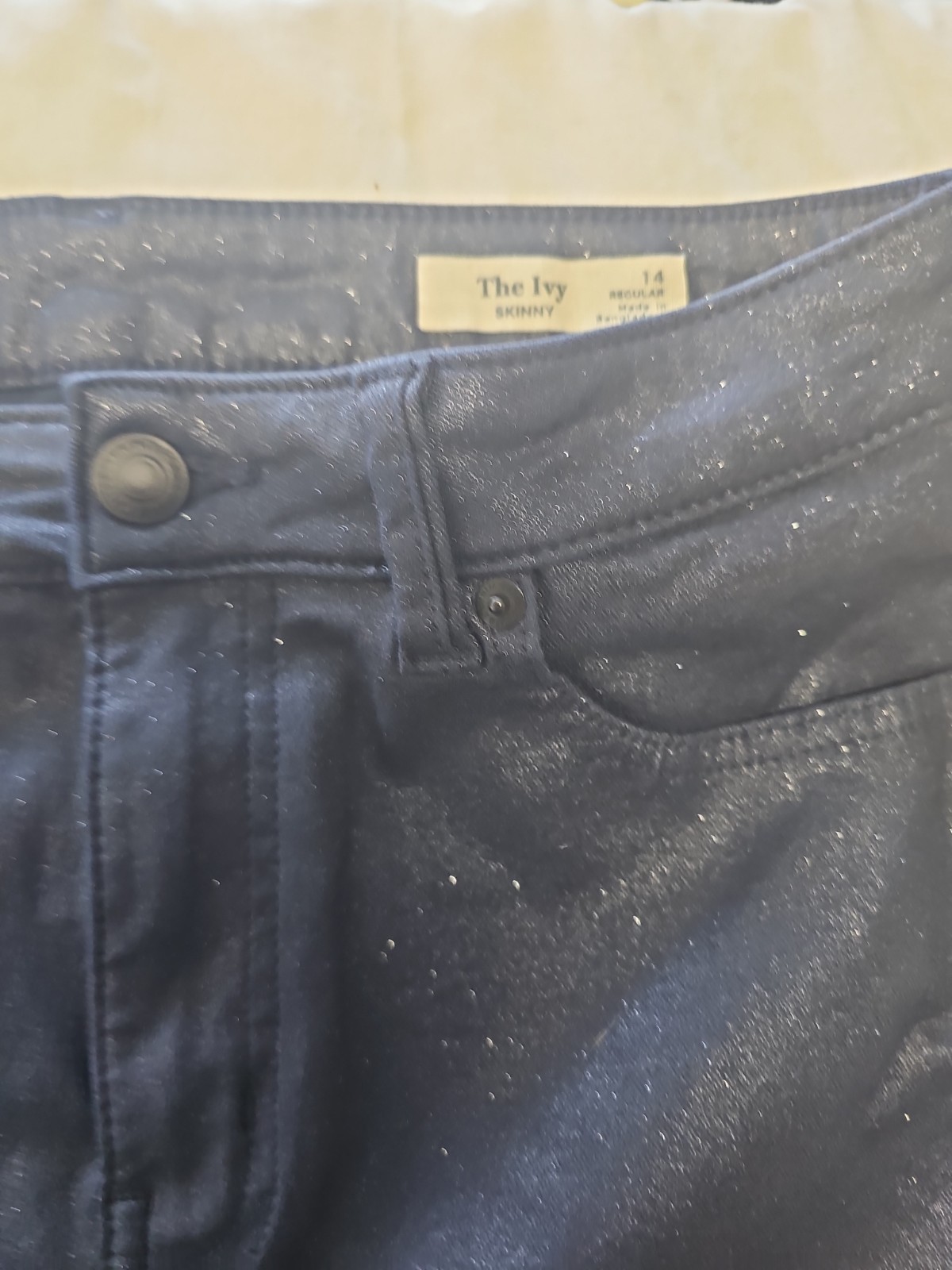 M&S The Ivy Skinny Metallic Navy Blue Coated Jeans UK 14 A1 1203