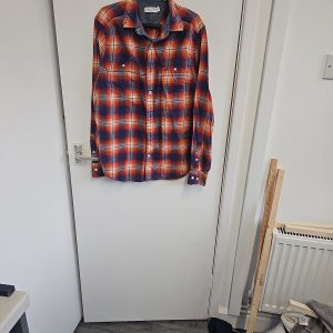 Nautica Classic Fit Orange & Navy Plaid Flannel Shirt - Size S A2 1216