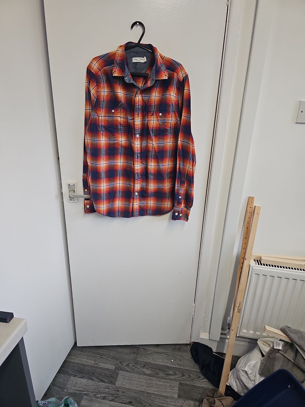 Nautica Classic Fit Orange & Navy Plaid Flannel Shirt - Size S A2 1216