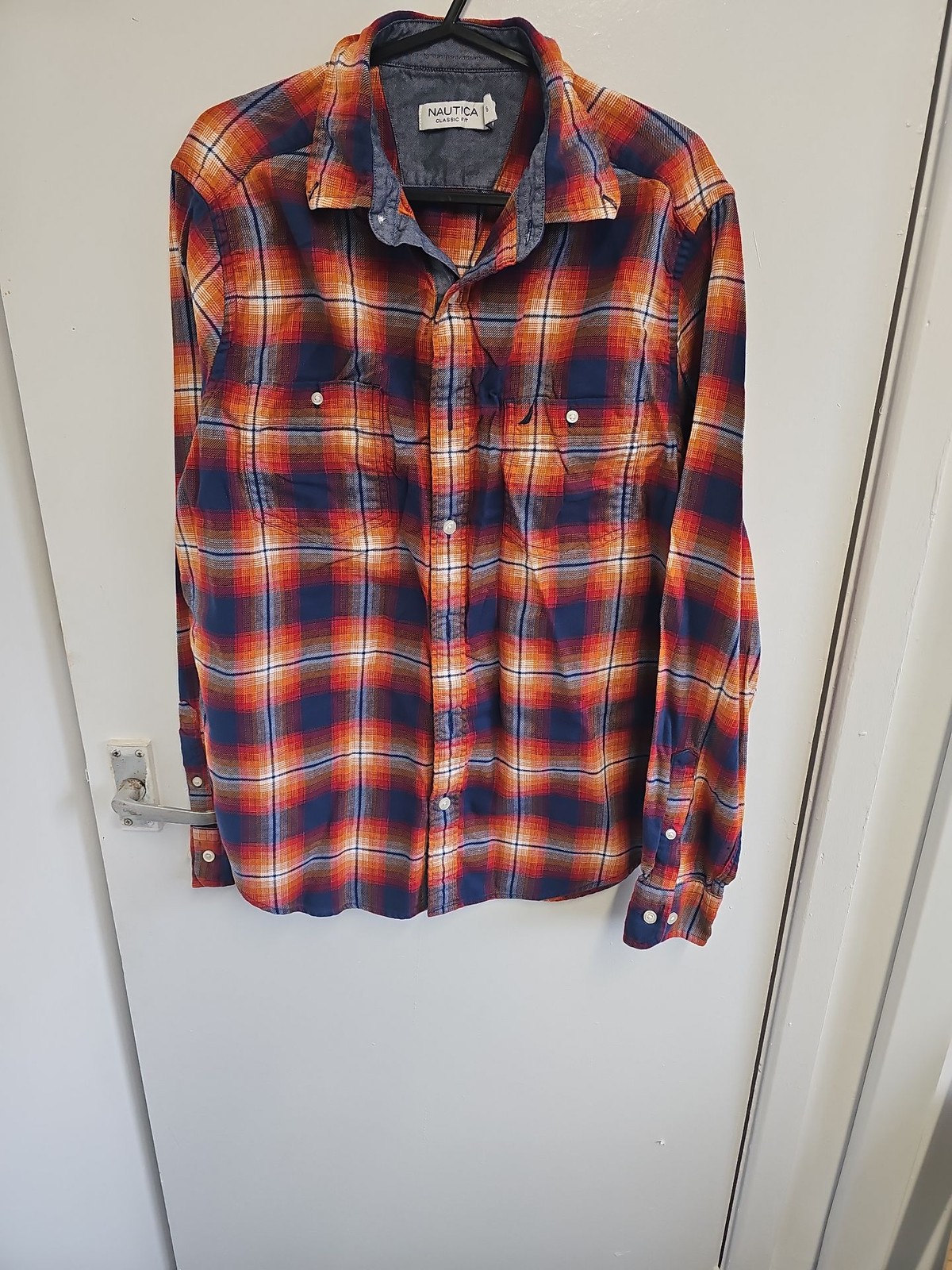 Nautica Classic Fit Orange & Navy Plaid Flannel Shirt - Size S A2 1216 - Image 3