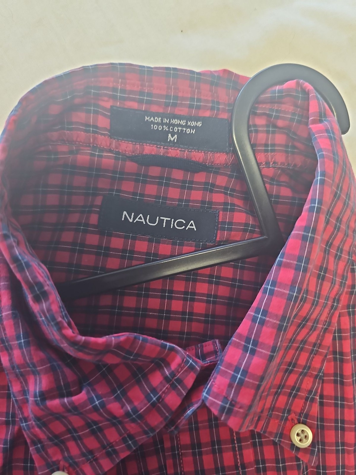 Nautica Men’s Vintage Plaid Cotton Button-Down Shirt Red and Navy Check A2 1223
