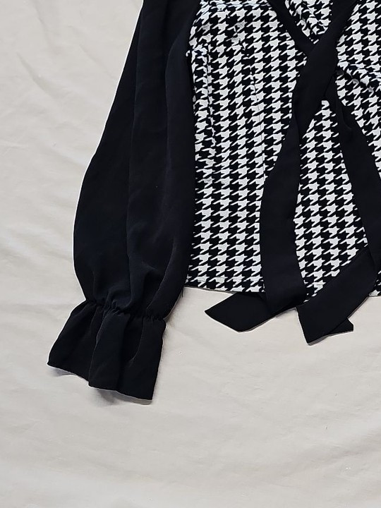 SHEIN Houndstooth Bow Neck Blouse with Ruffle Cuffs A6 2287 - Image 7