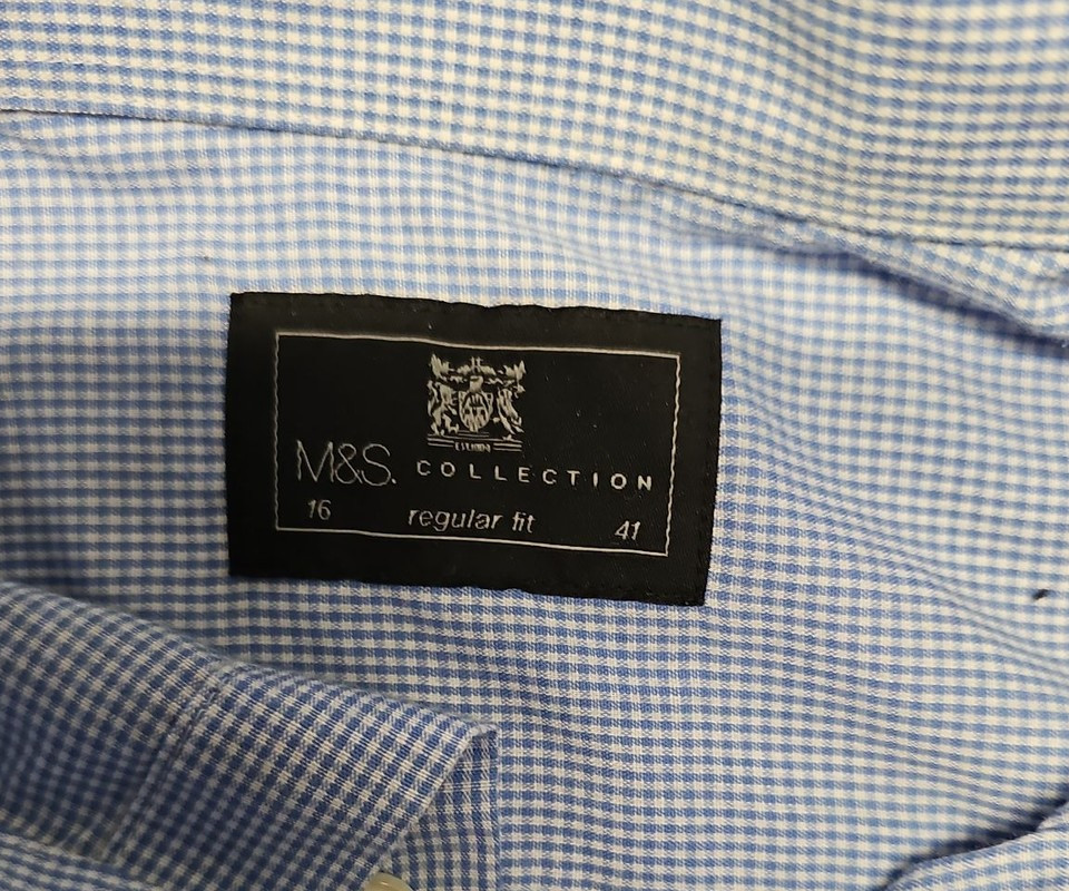 Marks & Spencer Collection Blue Gingham Regular Fit Shirt A9 1335 - Image 9
