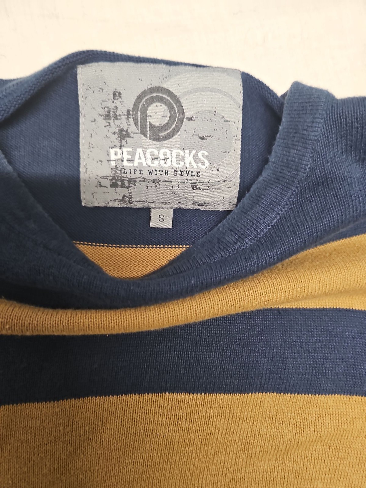 Peacocks Blue and Gold Striped Crew Neck Jumper A17 1401