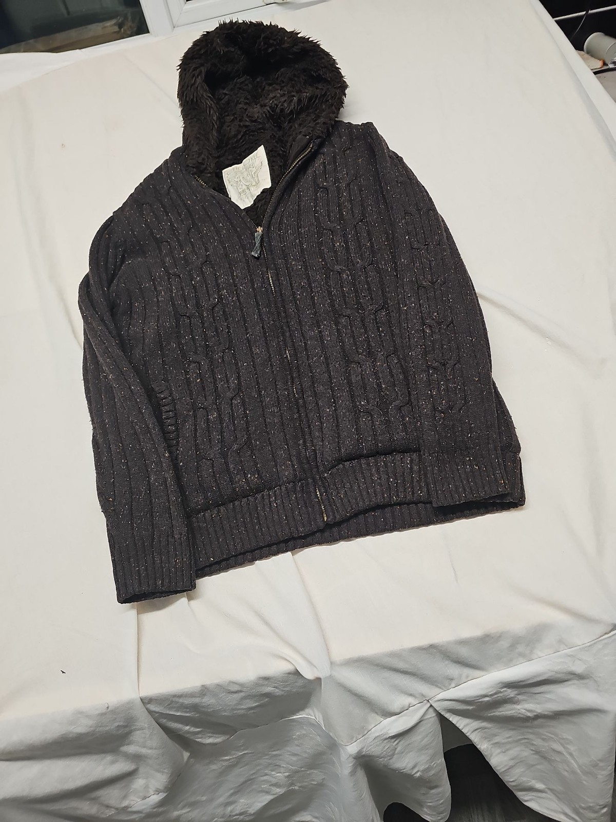 Cherokee Men's Fleece Lined Cable Knit Zip Hoodie Charcoal Grey Speckled W1400 - Image 3