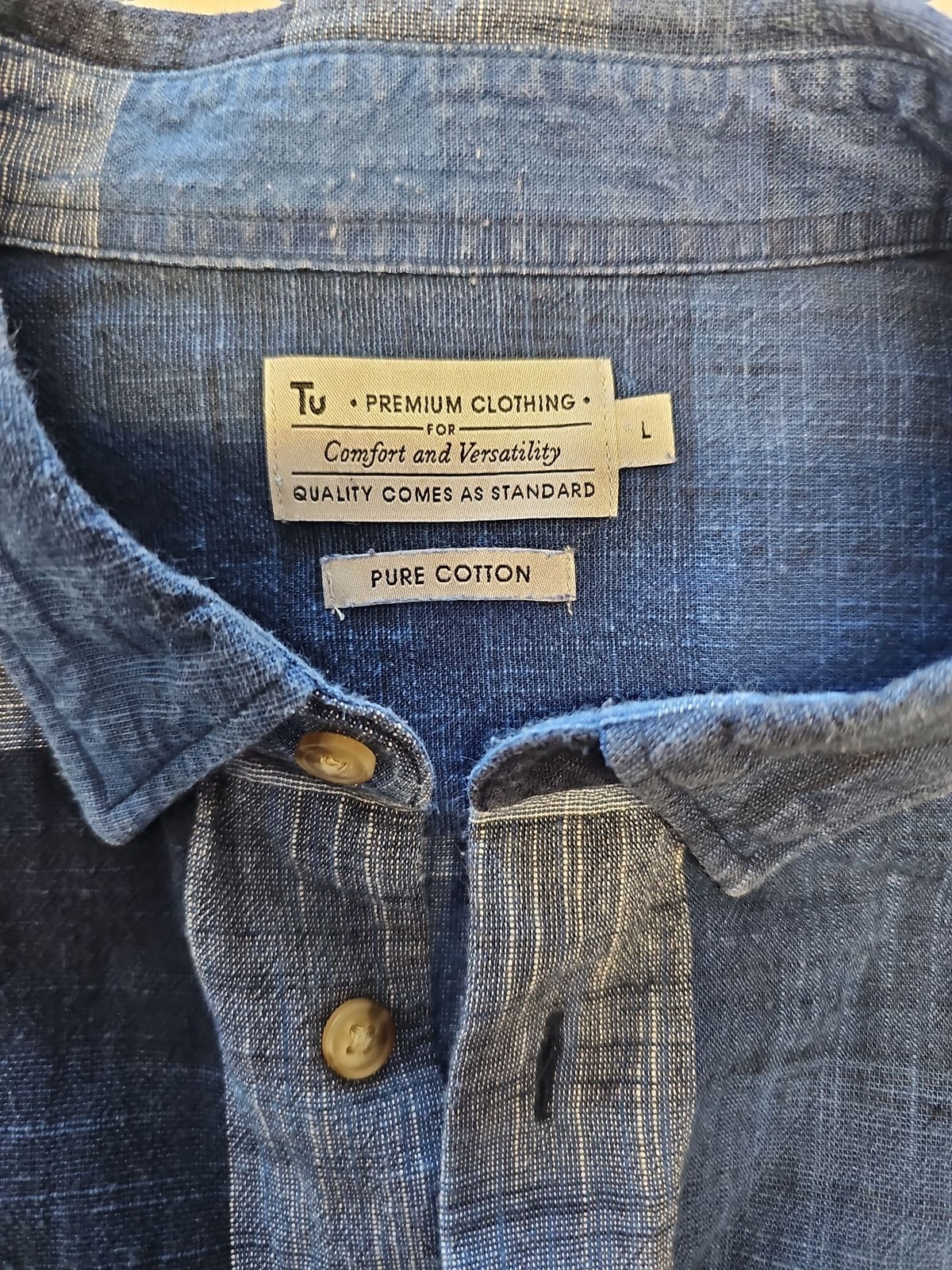Tu Premium Blue Indigo Tonal Check Short Sleeve Pure Cotton Shirt   L A7 1275