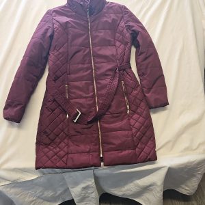 M&S Collection Quilted Burgundy Puffer Coat with Belt W 1291