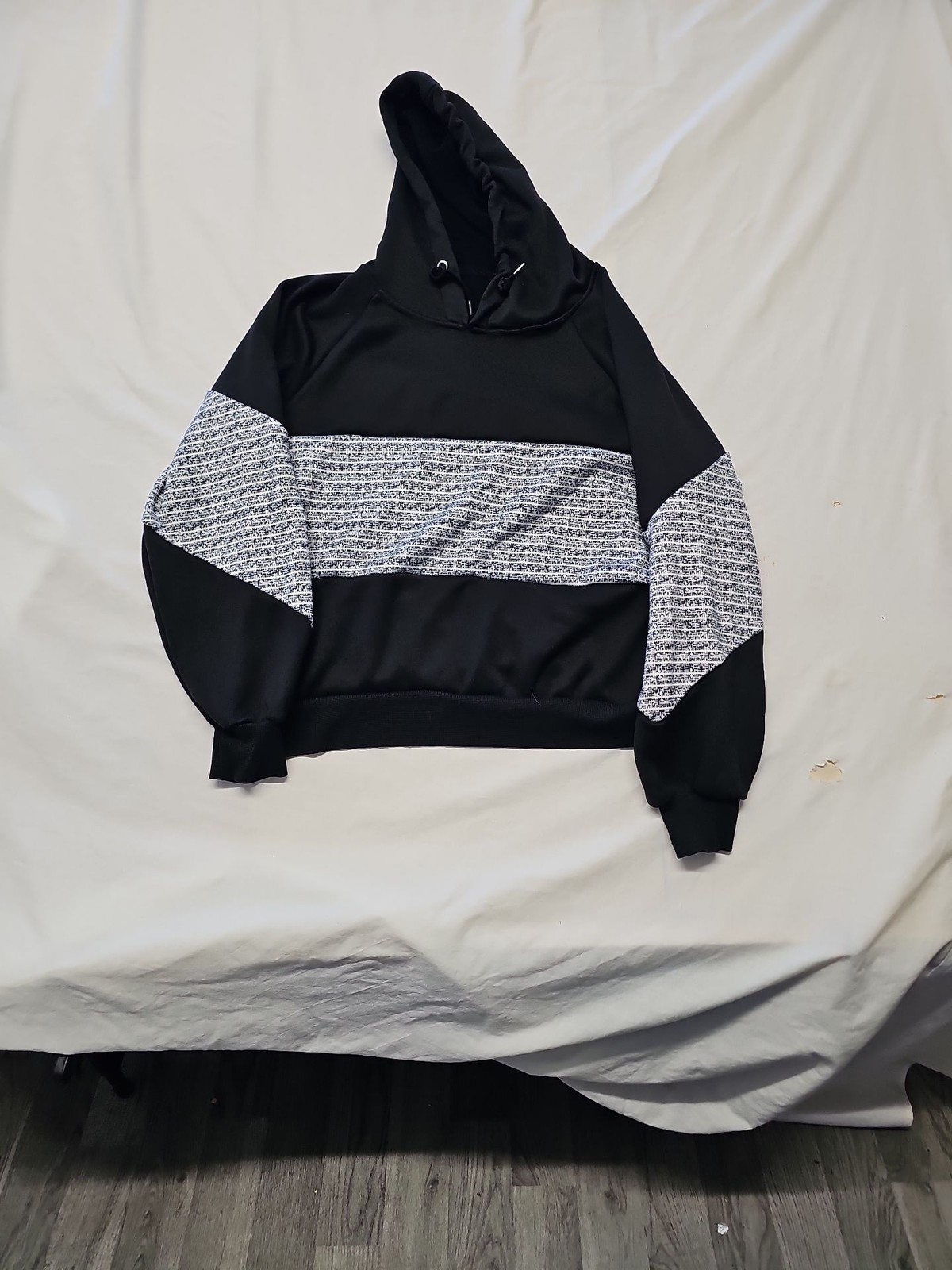 Contemporary Black and Grey Textured Striped Hoodie A7 1285