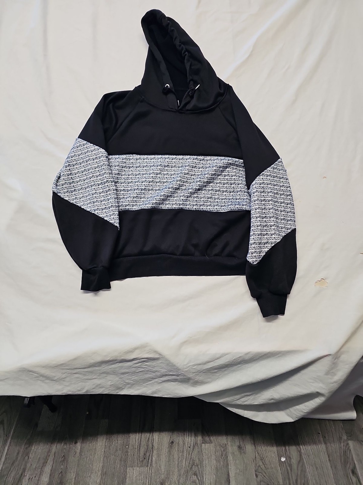 Contemporary Black and Grey Textured Striped Hoodie A7 1285