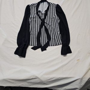SHEIN Houndstooth Bow Neck Blouse with Ruffle Cuffs A6 2287