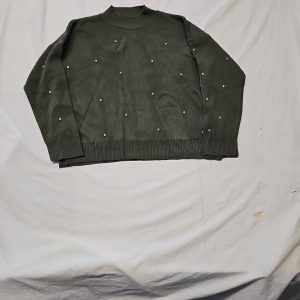 Contemporary Olive Green Rhinestone Embellished Knit Sweater A7