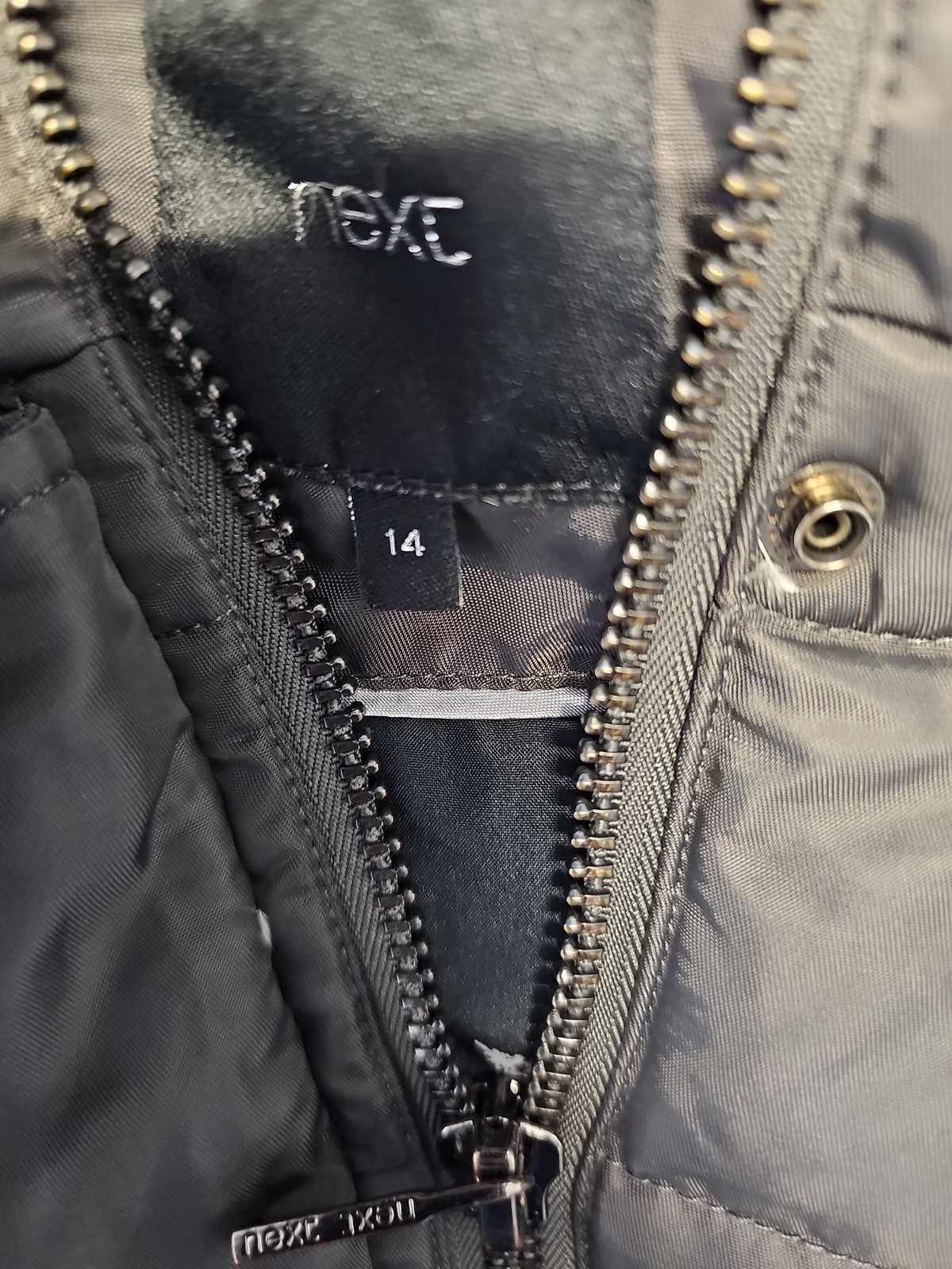 Next Women’s Black Puffer Jacket with Faux Fur Hood – Size 14 W 1309