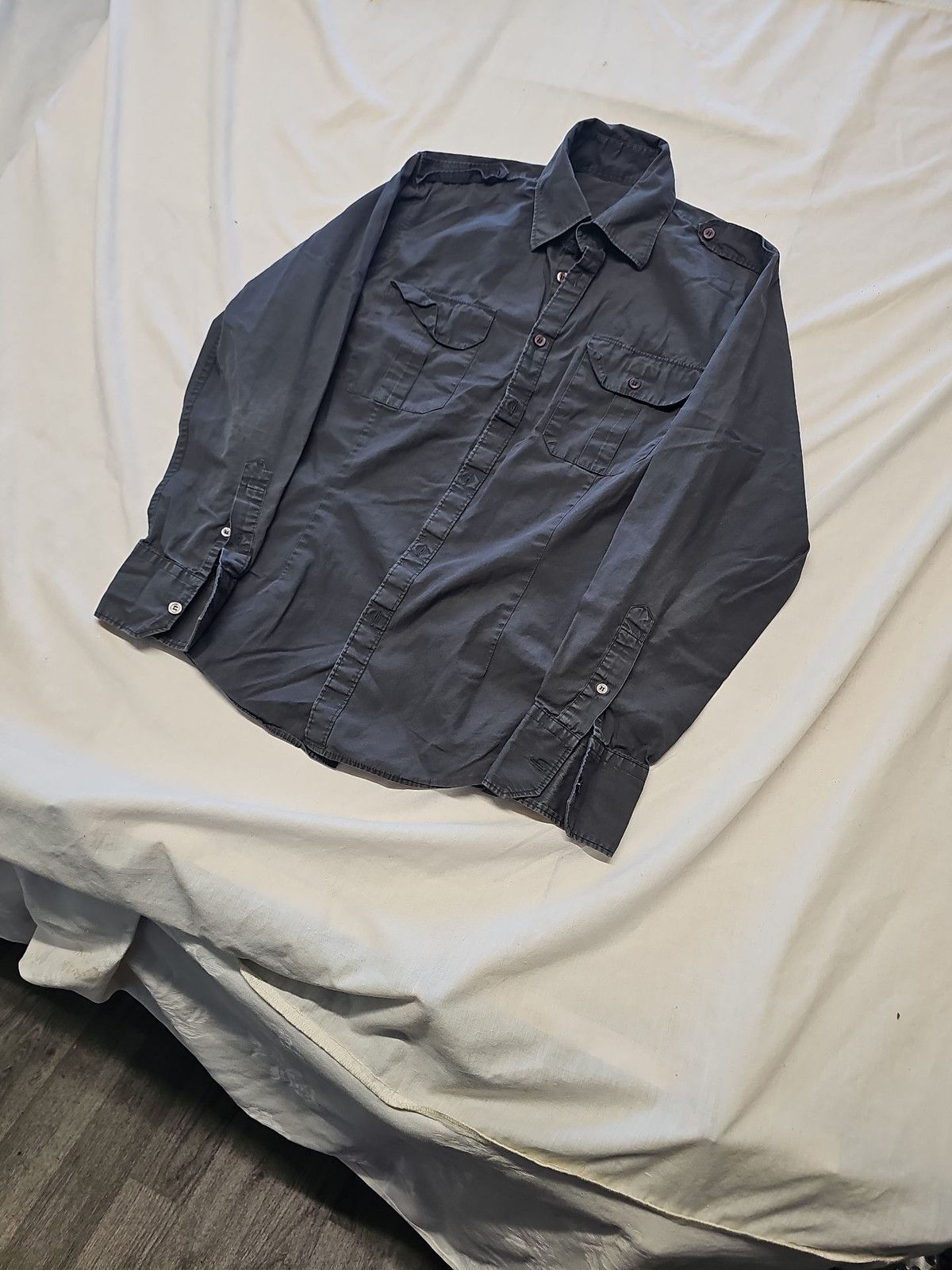 Men's Slim Fit Charcoal Grey Military Style Long Sleeve Shirt A12 1353 - Image 4